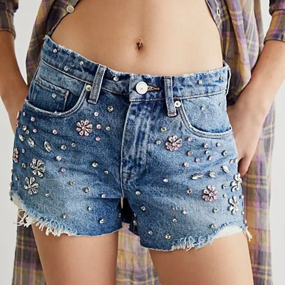 Blank NYC Blue Crystal & Stud Embellished Denim Shorts